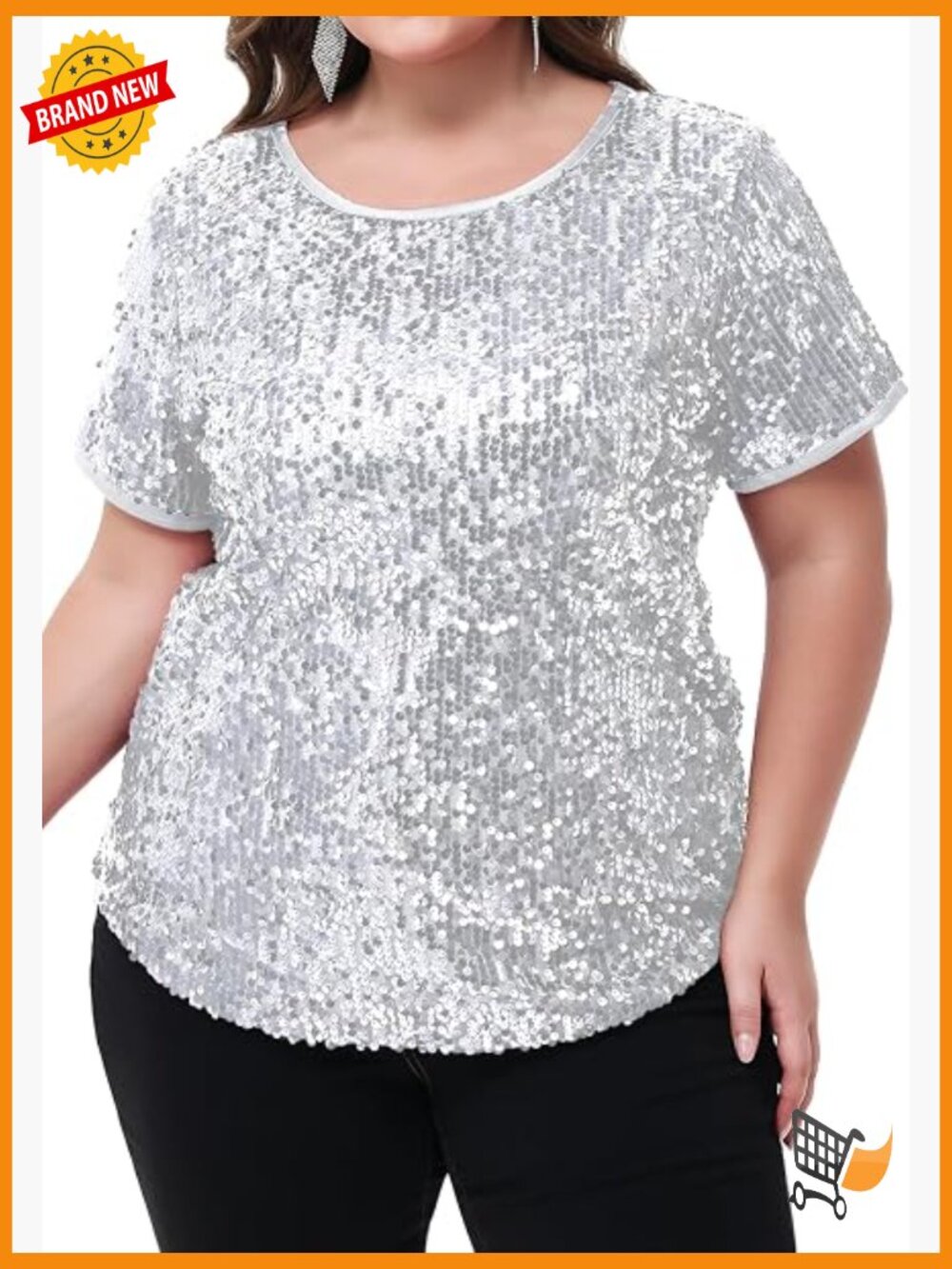 Sequin Tunic Blouse Plus Size Round Neck Short Sleeve Party Top